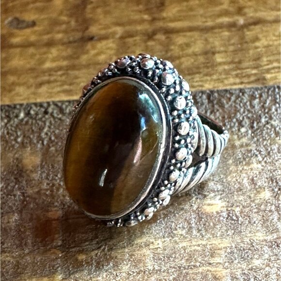 Tigers Eye Sterling Silver Oval Ring With Ornate Band & Beaded Detailing Size 6 - Picture 4 of 16